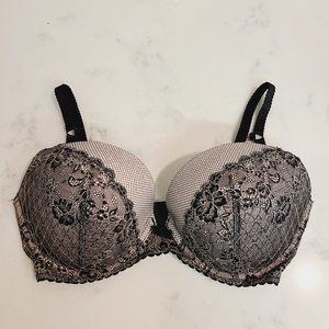 Victorias Secret Push Up 36DD Nude Black Mesh Lace Bra Strappy Back